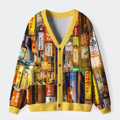 Tokyo-Tiger A Walk Through Japan's Night Glow Ugly Cardigan Sweater