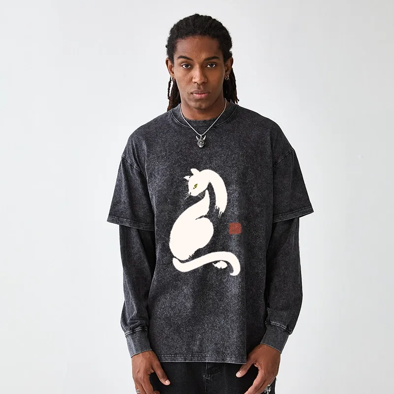 Tokyo-Tiger Elegant Black Cat Japan Washed Double Layer T-Shirt