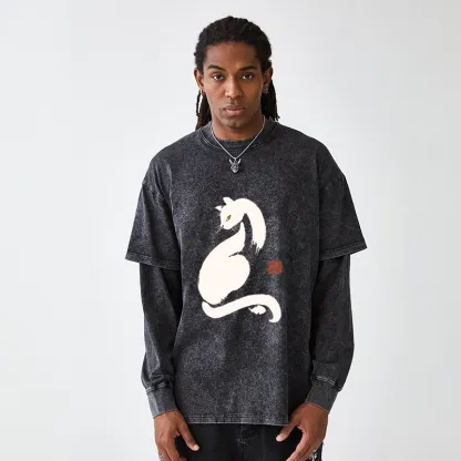 Tokyo-Tiger Elegant Black Cat Japan Washed Double Layer T-Shirt