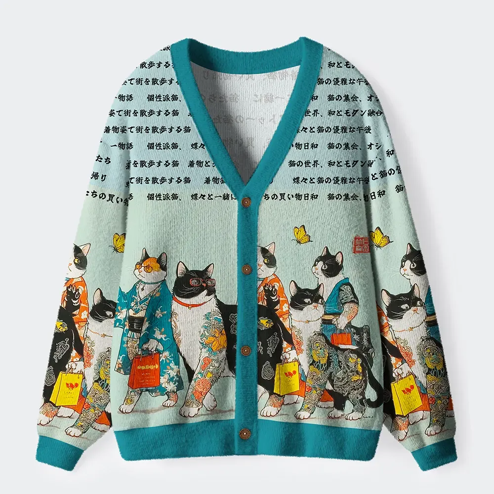 Tokyo-Tiger Ink And Elegance: The Tattooed Cats Are All Staring At You Ugly Cardigan Sweater