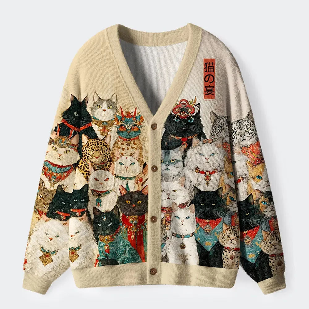 Tokyo-Tiger Cats Of The Grand Banquet Ugly Cardigan Sweater
