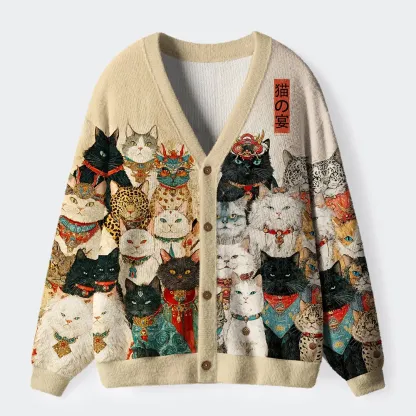 Tokyo-Tiger Cats Of The Grand Banquet Ugly Cardigan Sweater