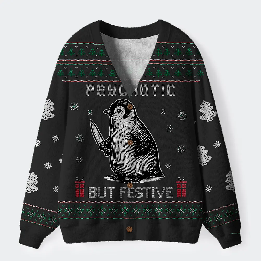 Tokyo-Tiger Overstimulated but Festive Ugly Cardigan Sweater