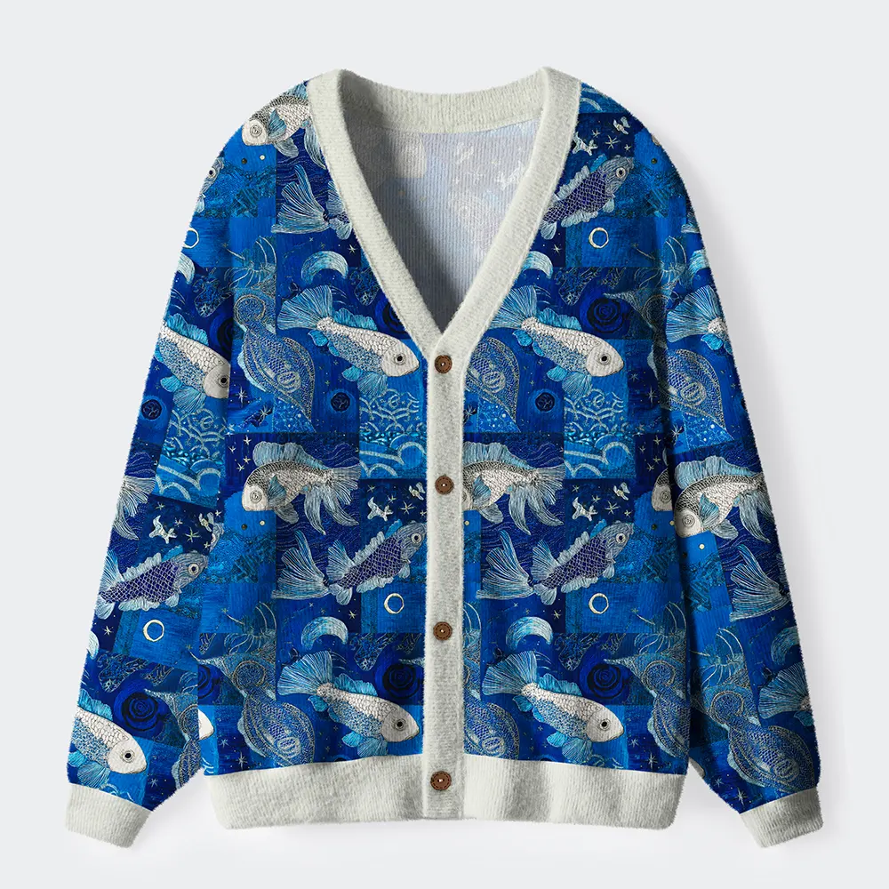 Tokyo-Tiger Dancing Fish Under The Moonlight Ugly Cardigan Sweater