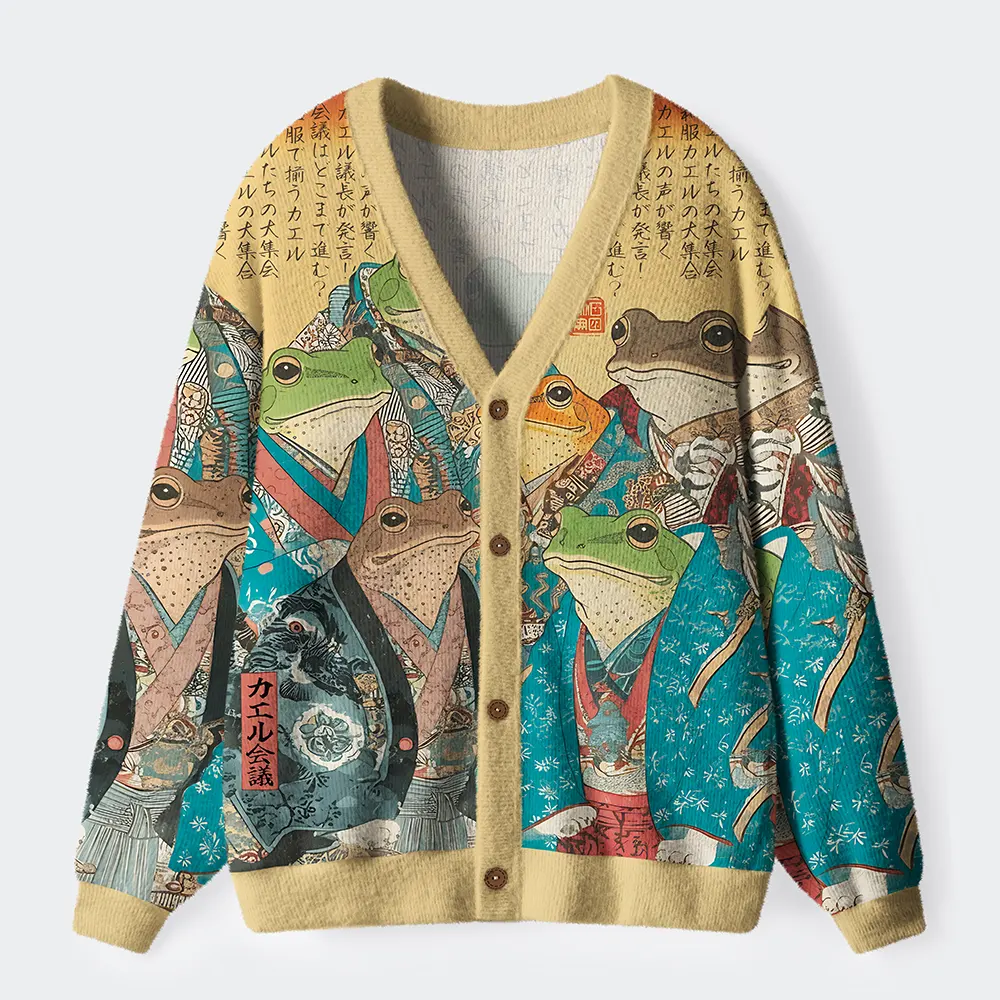 Tokyo-Tiger Formal Gathering of Ukiyo-e Frog Nobles Ugly Cardigan Sweater