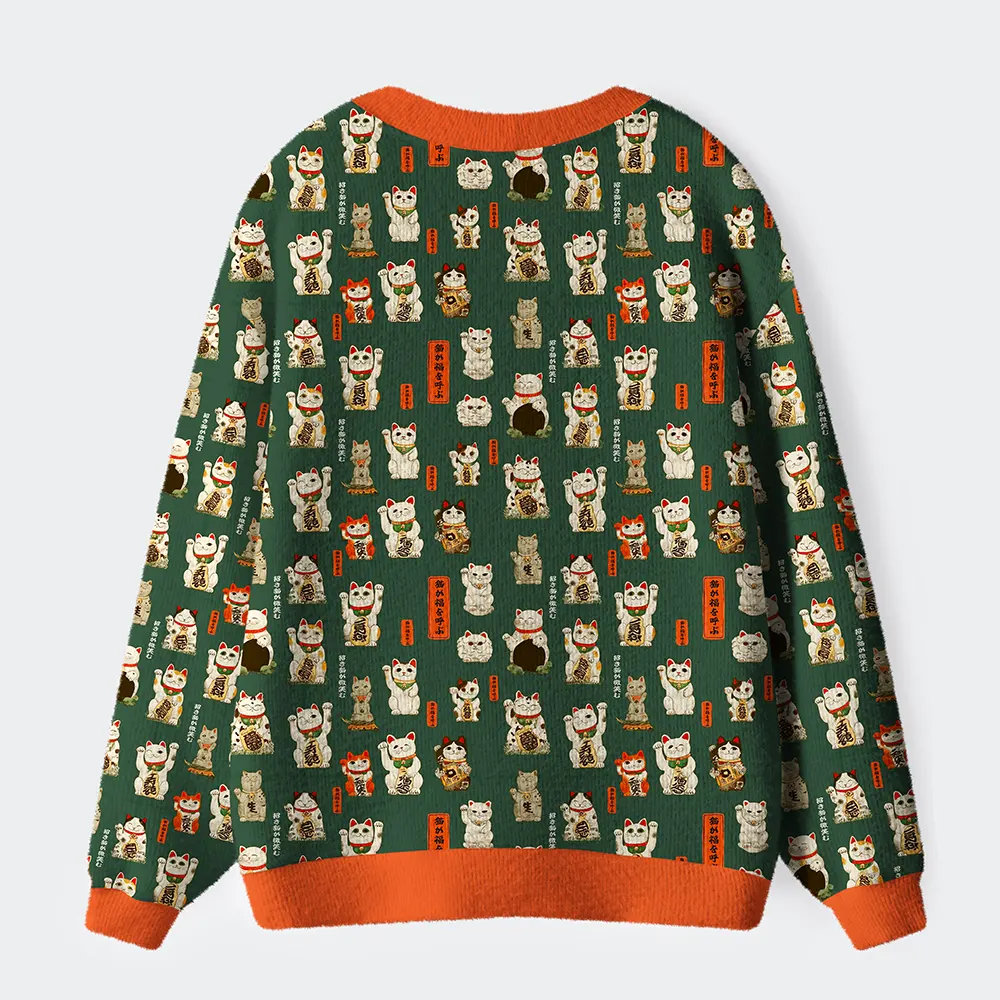 Tokyo-Tiger Lucky Cats Endless Fortune Ugly Cardigan Sweater