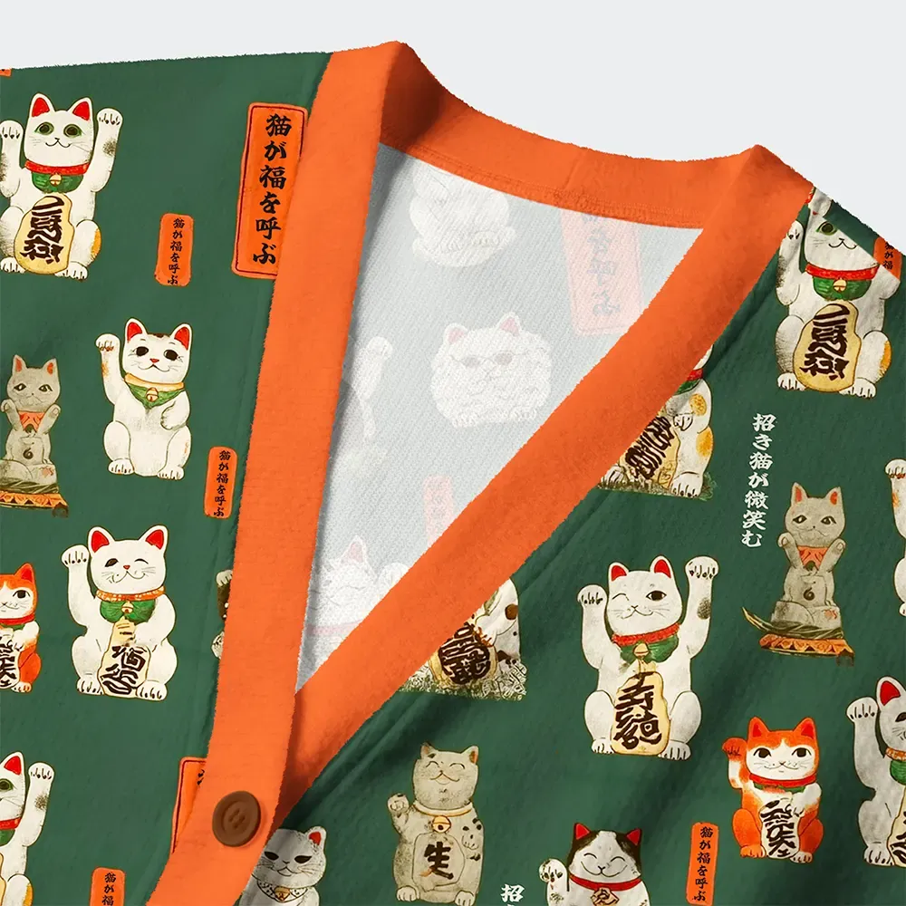 Tokyo-Tiger Lucky Cats Endless Fortune Ugly Cardigan Sweater