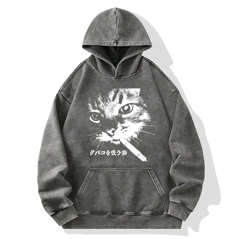 Tokyo-Tiger Retro Cat Smoking Washed Hoodie