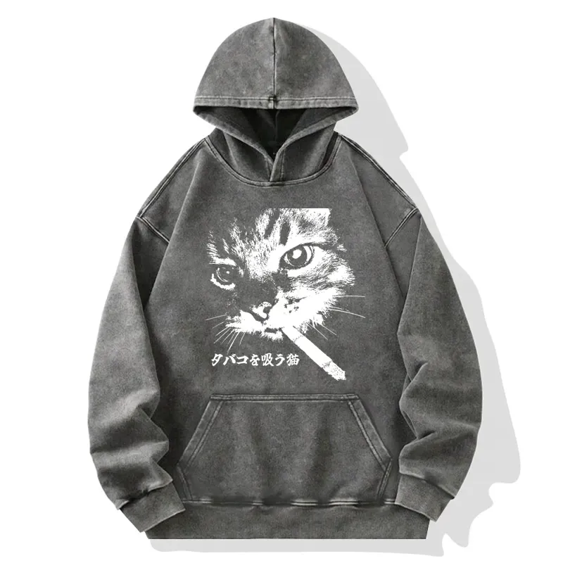 Tokyo-Tiger Retro Cat Smoking Washed Hoodie