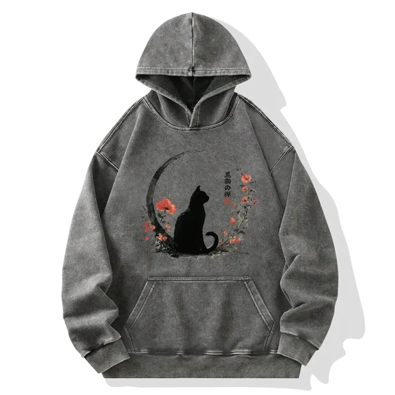 Tokyo-Tiger Black Cat And Flowers Washed Hoodie