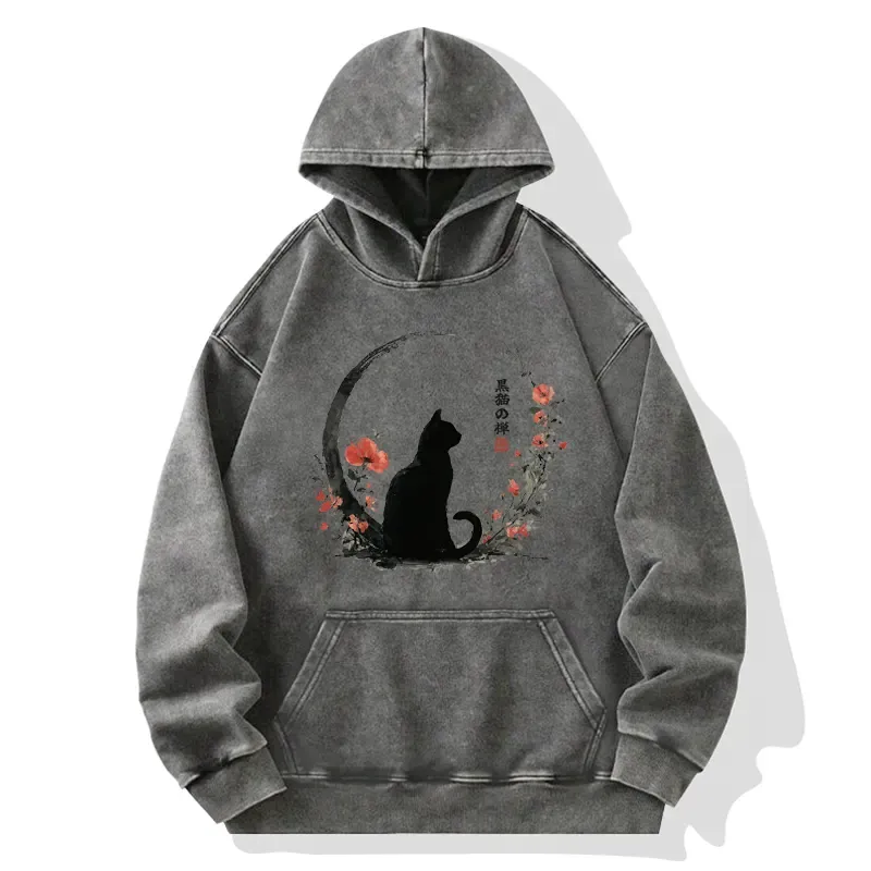 Tokyo-Tiger Black Cat And Flowers Washed Hoodie