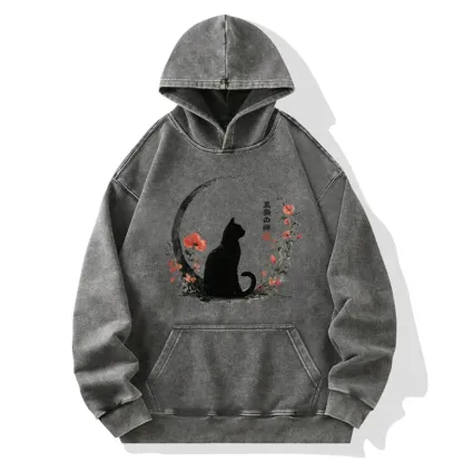Tokyo-Tiger Black Cat And Flowers Washed Hoodie