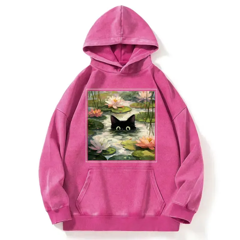 Tokyo-Tiger Black Cat and Lotus Flower Washed Hoodie