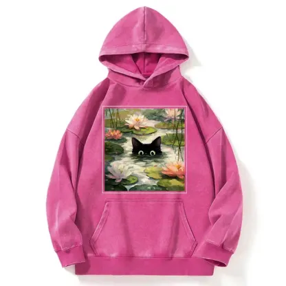 Tokyo-Tiger Black Cat and Lotus Flower Washed Hoodie