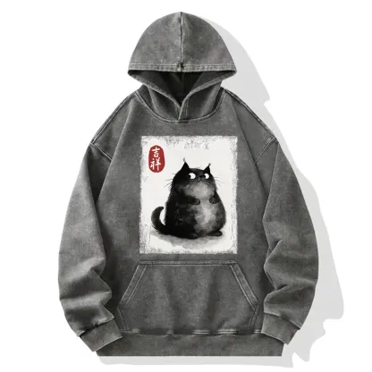 Tokyo-Tiger Auspicious Fluffy Black Cat Ink Painting Washed Hoodie
