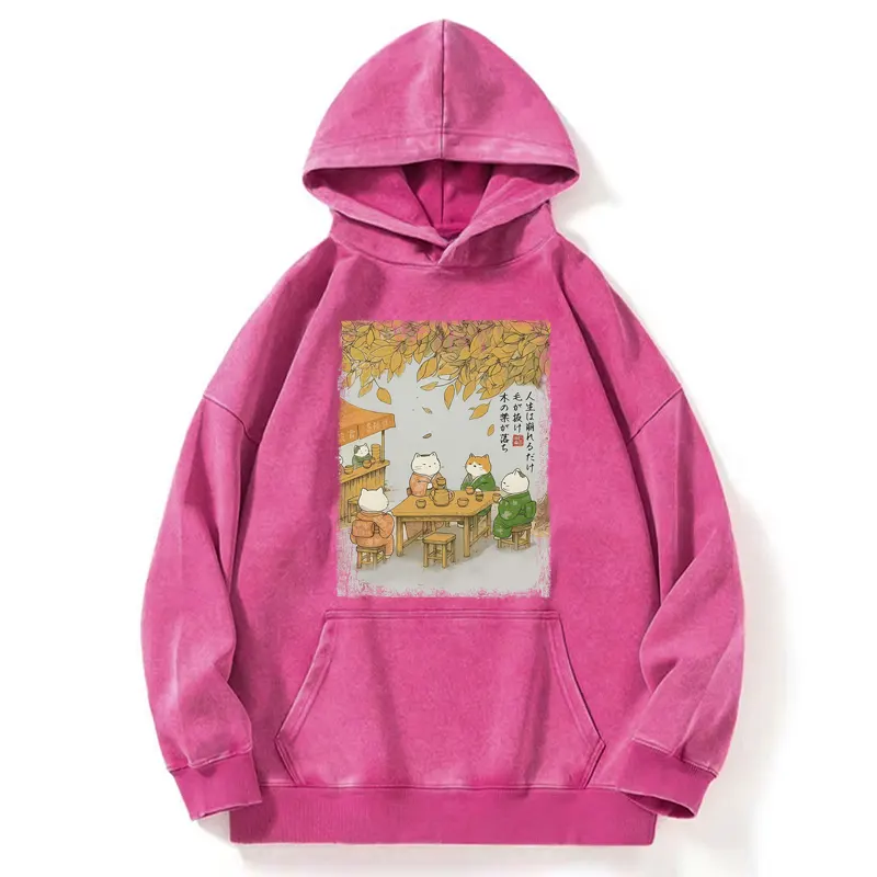 Tokyo-Tiger Cats Drinking Tea Under The Tree Washed Hoodie