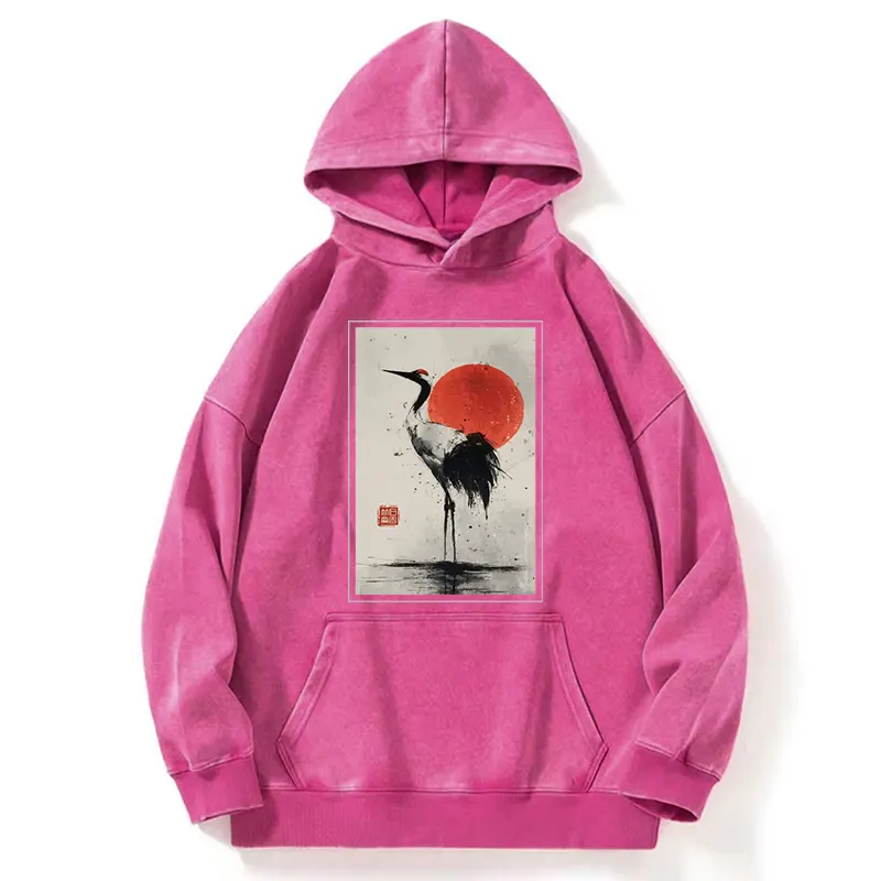 Tokyo-Tiger Retro Japanese Red-crowned Crane Washed Hoodie