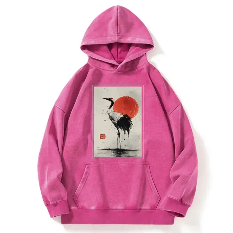 Tokyo-Tiger Retro Japanese Red-crowned Crane Washed Hoodie