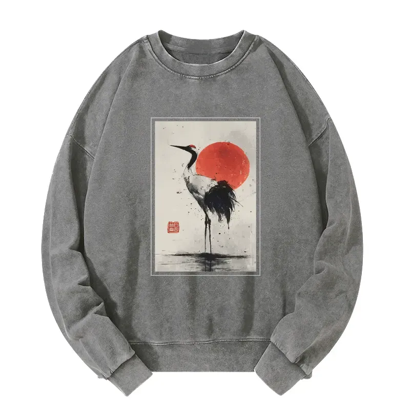 Tokyo-Tiger Retro Japanese Red-crowned Crane Washed Sweatshirt