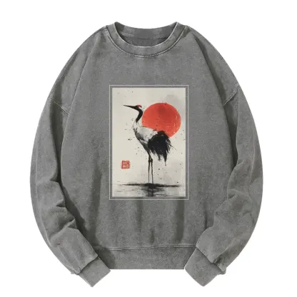 Tokyo-Tiger Retro Japanese Red-crowned Crane Washed Sweatshirt