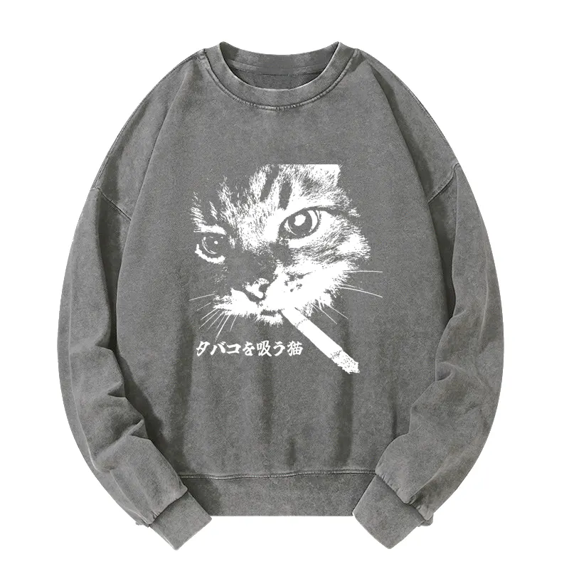 Tokyo-Tiger Retro Cat Smoking Washed Sweatshirt – tokyo-tiger