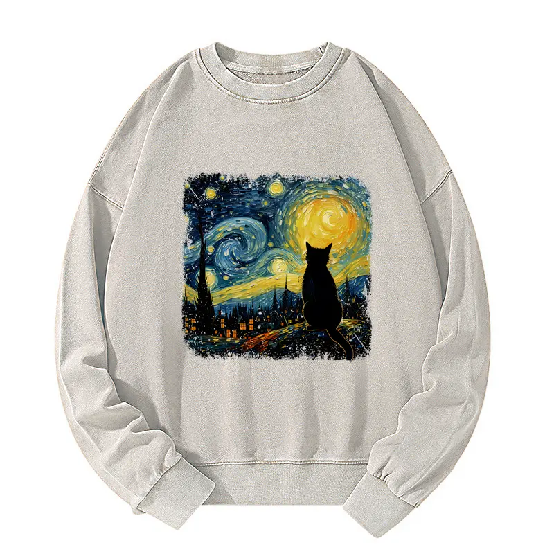 Tokyo-Tiger The Starry Night Cat Washed Sweatshirt
