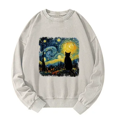 Tokyo-Tiger The Starry Night Cat Washed Sweatshirt