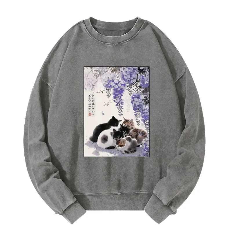 Tokyo-Tiger Cats plotting under the wisteria Washed Sweatshirt
