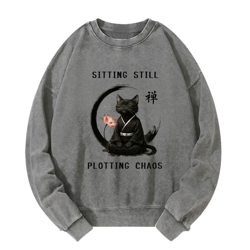 Tokyo-Tiger Sitting still  plotting chaos Calming Zen Cat Funny Washed Sweatshirt