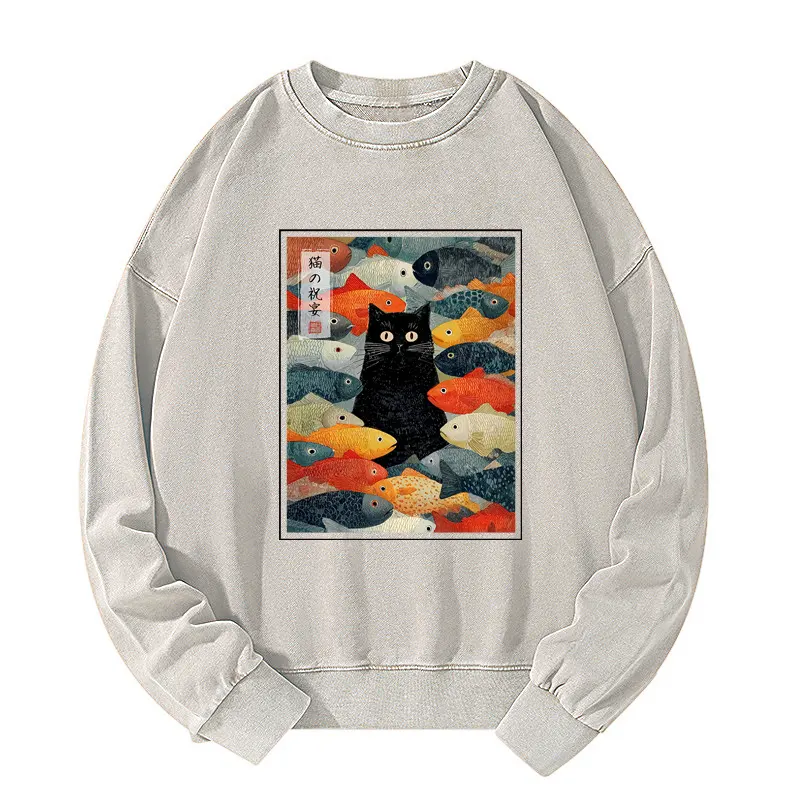 Tokyo-Tiger The Cat's Feast of Fish Washed Sweatshirt