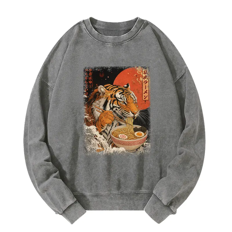 Tokyo-Tiger Ukiyoe Japan Tiger Eating Ramen Washed Sweatshirt