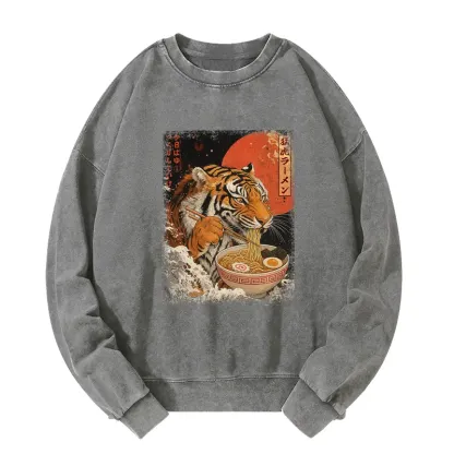 Tokyo-Tiger Ukiyoe Japan Tiger Eating Ramen Washed Sweatshirt