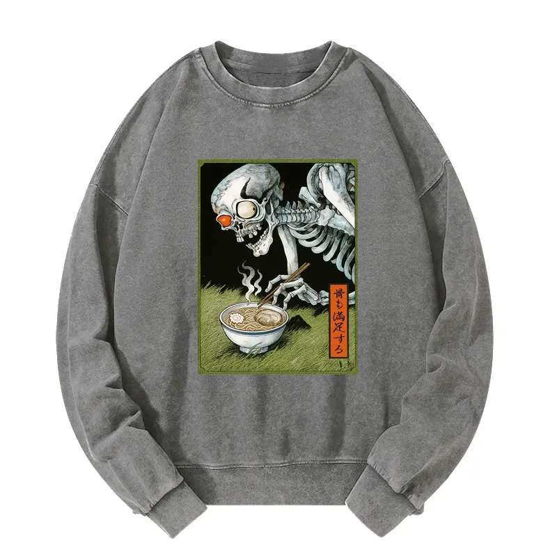 Tokyo-Tiger Ukiyo-e Skeleton Eating Ramen Washed Sweatshirt