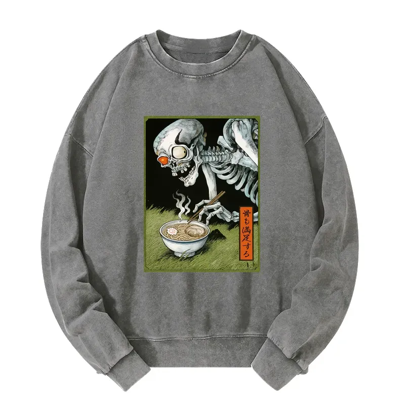 Tokyo-Tiger Ukiyo-e Skeleton Eating Ramen Washed Sweatshirt