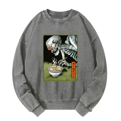 Tokyo-Tiger Ukiyo-e Skeleton Eating Ramen Washed Sweatshirt