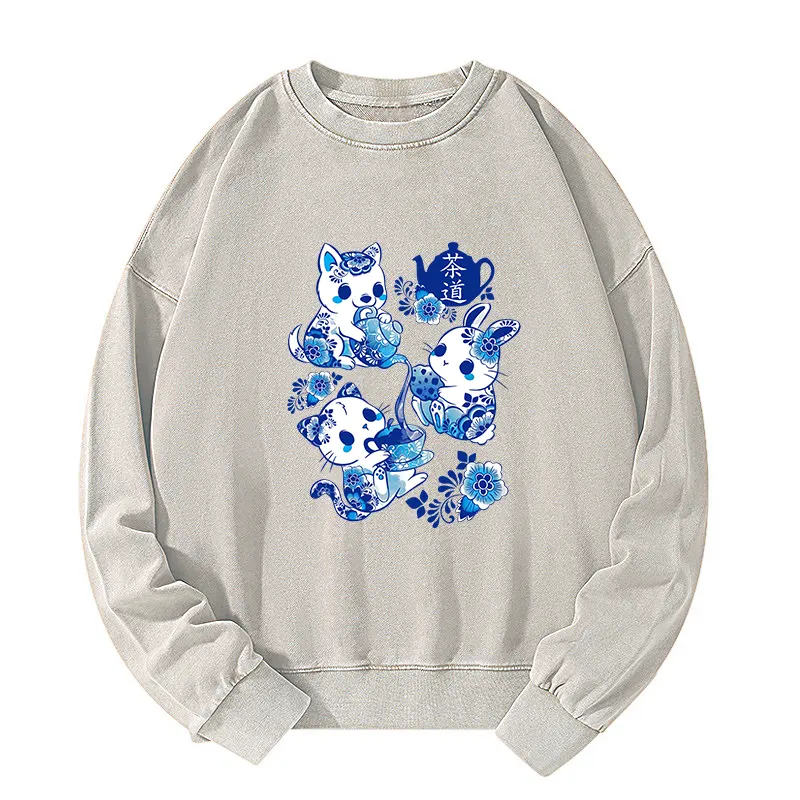 Tokyo-Tiger Blue And White Porcelain Washed Sweatshirt