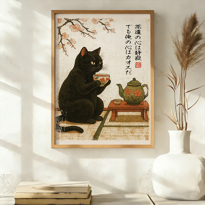 Tokyo-Tiger Tea Time With A Black Cat Wall Art Poster