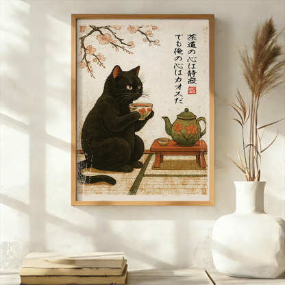 Tokyo-Tiger Tea Time With A Black Cat Wall Art Poster