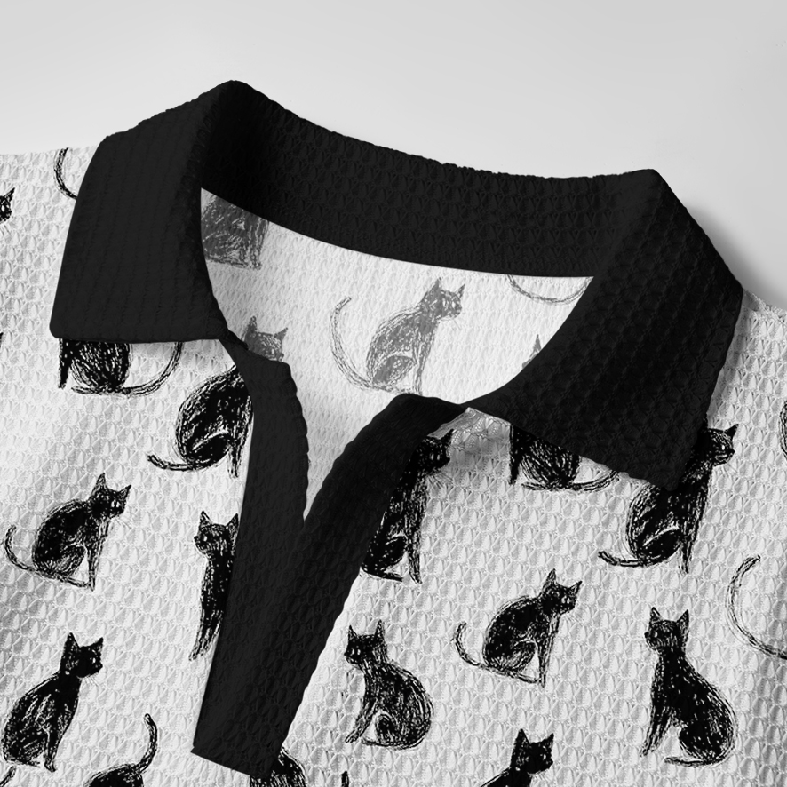 Tokyo-Tiger Black Cat White Crochet Polo Shirt
