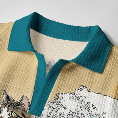 Tokyo-Tiger Cat Surfing Crochet Polo Shirt