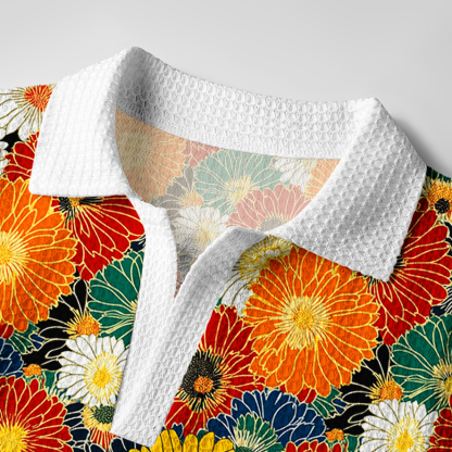 Tokyo-Tiger Colorful Chrysanthemums Crochet Polo Shirt