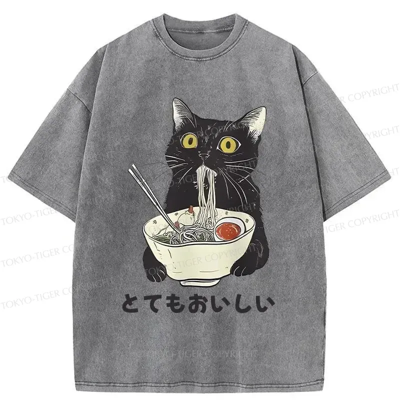 Tokyo-Tiger Cats Eat Ramen Noodles Washed T-Shirt