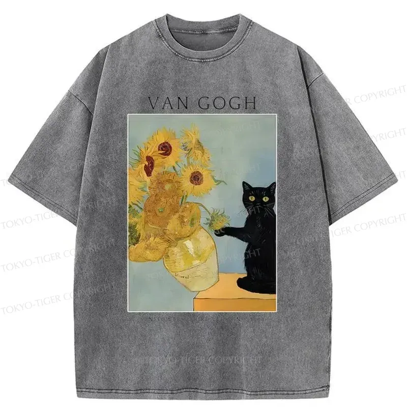 Tokyo-Tiger Black Cat With Sunflowers Washed T-Shirt