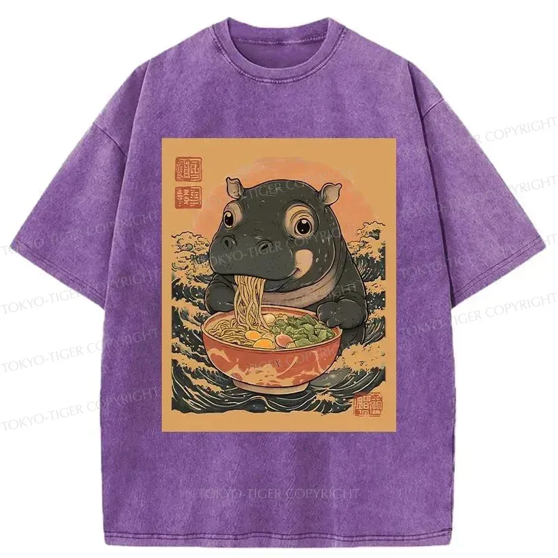 Tokyo-Tiger Moo Deng Eat Ramen Washed T-Shirt