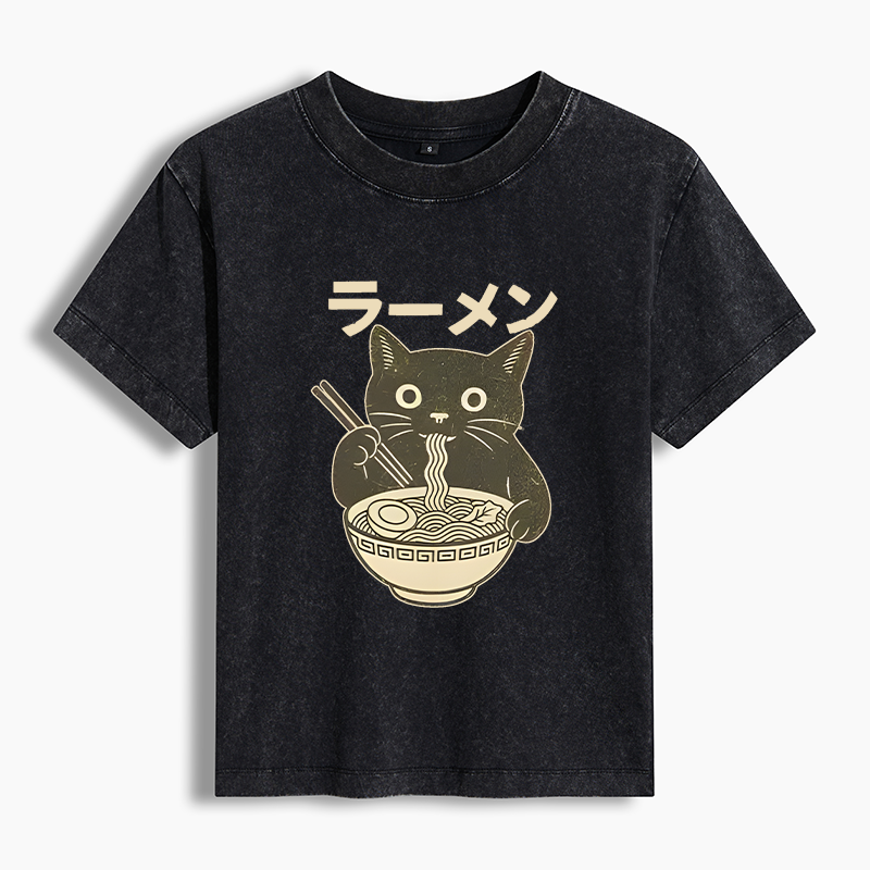 Tokyo-Tiger Simple Black Cat Eating Ramen Women's Washed T-shirt