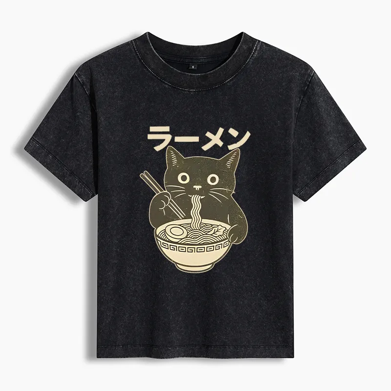 Tokyo-Tiger Simple Black Cat Eating Ramen Women's Washed T-shirt
