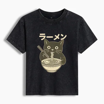 Tokyo-Tiger Simple Black Cat Eating Ramen Women's Washed T-shirt