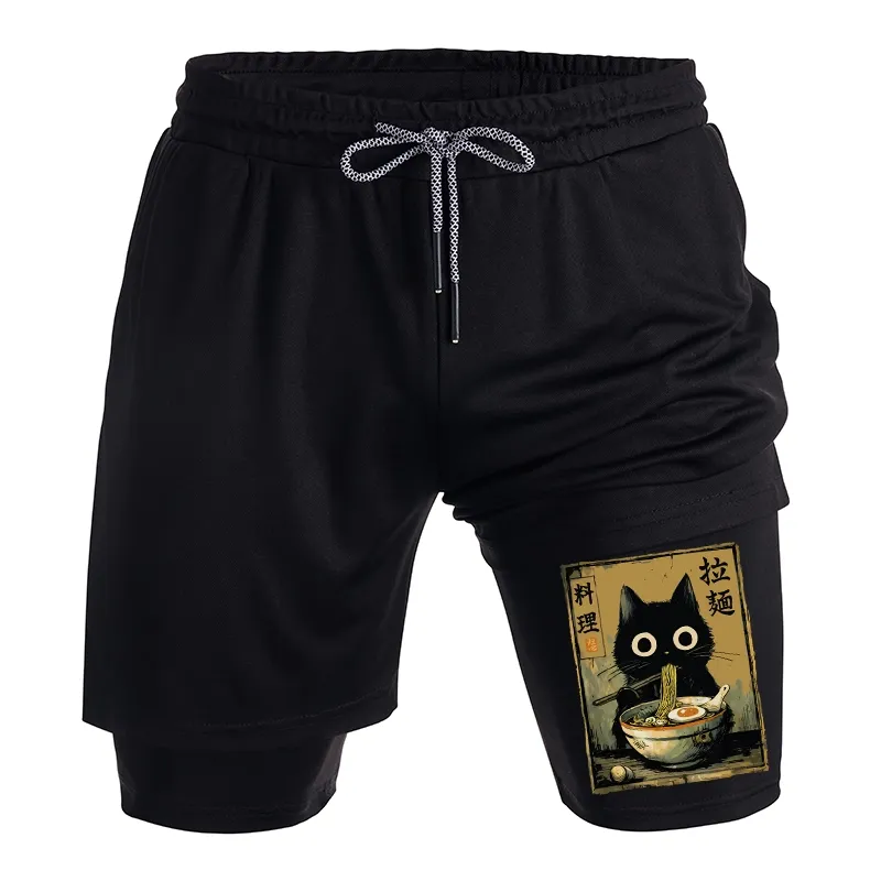 Tokyo-Tiger Cute Black Cat Eating Ramen Japan Training Shorts