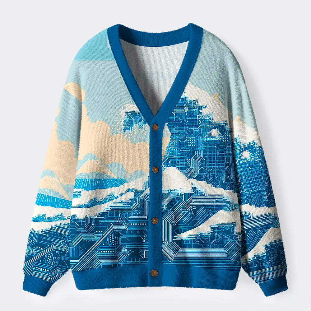 Tokyo-Tiger The Great Wave Of The Future Ugly Cardigan Sweater