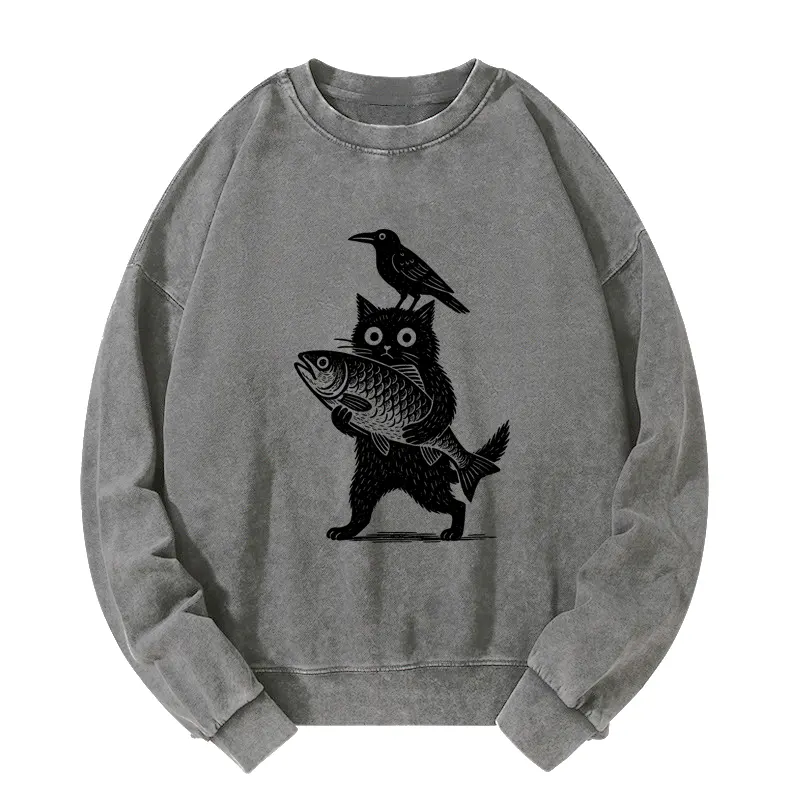 Tokyo-Tiger Black Animals Funny Washed Sweatshirt